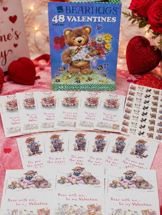 Other - Vintage Bear Hugs 48 Fold & Seal Valentine's Day Cards Complete w/ Sticker Seals